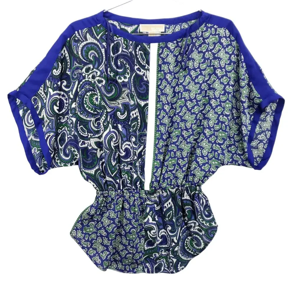 Michael Kors Blouse Womens 4 Blue Green Paisley Print Elastic Waist Pullover Top